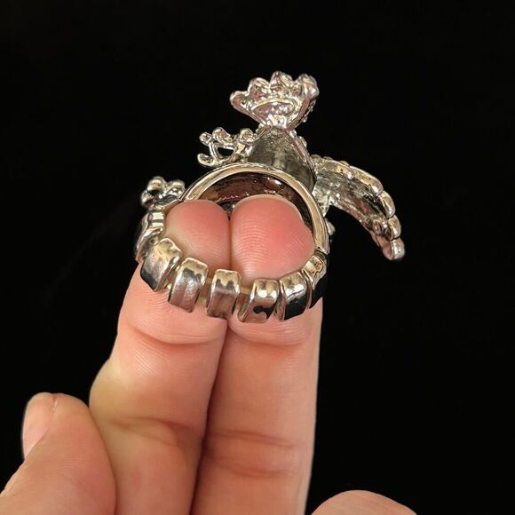 Vintage Silvertone Bedazzled Rhinestone Sparkly Statement Stretchy Bird Ring - Picture 5 of 7